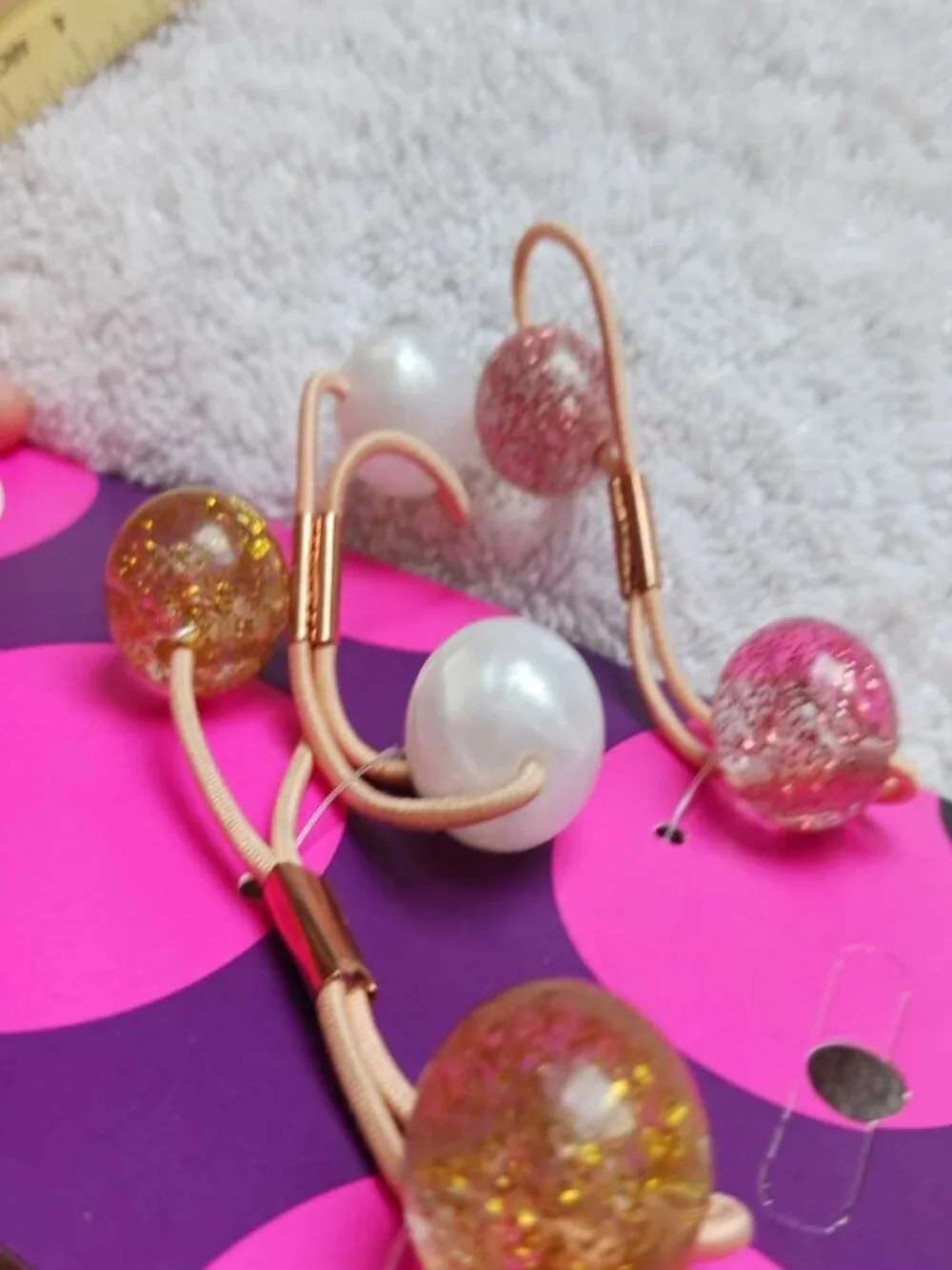 3 Goody Ouchless Twin Bead Ponytailer Elastic Hair Bands Pink Gold Glitter Pearl